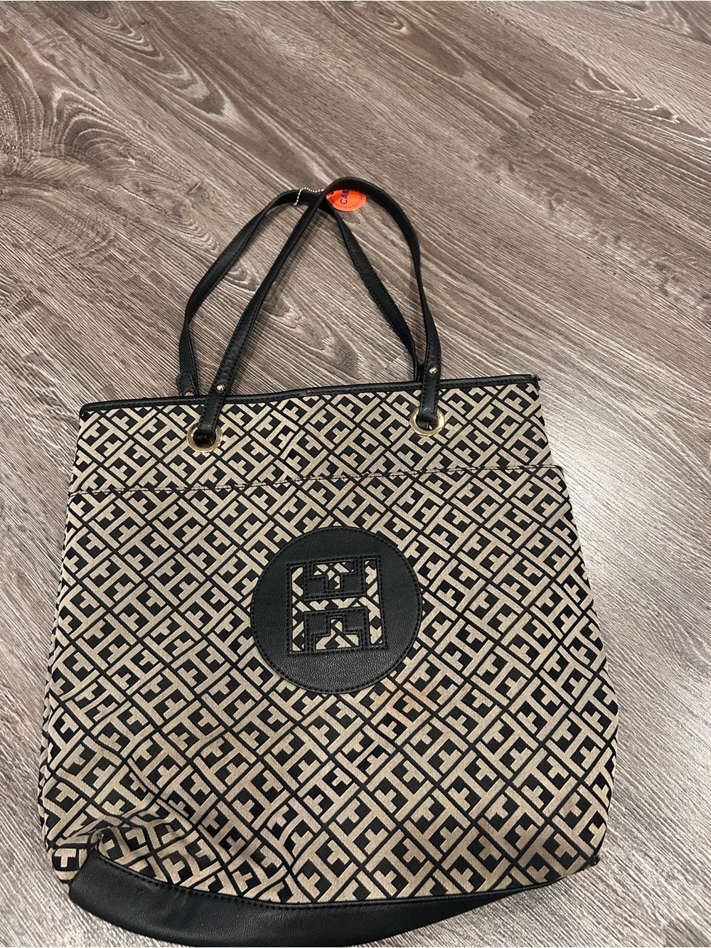 Tommy Hilfiger Black and Beige Geometric Tote Bag